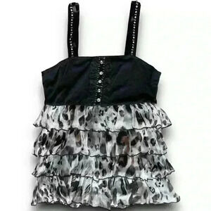Y2K Leopard Print Ruffle Top Black Silk Beaded Japanese Street Sleeveless Blouse